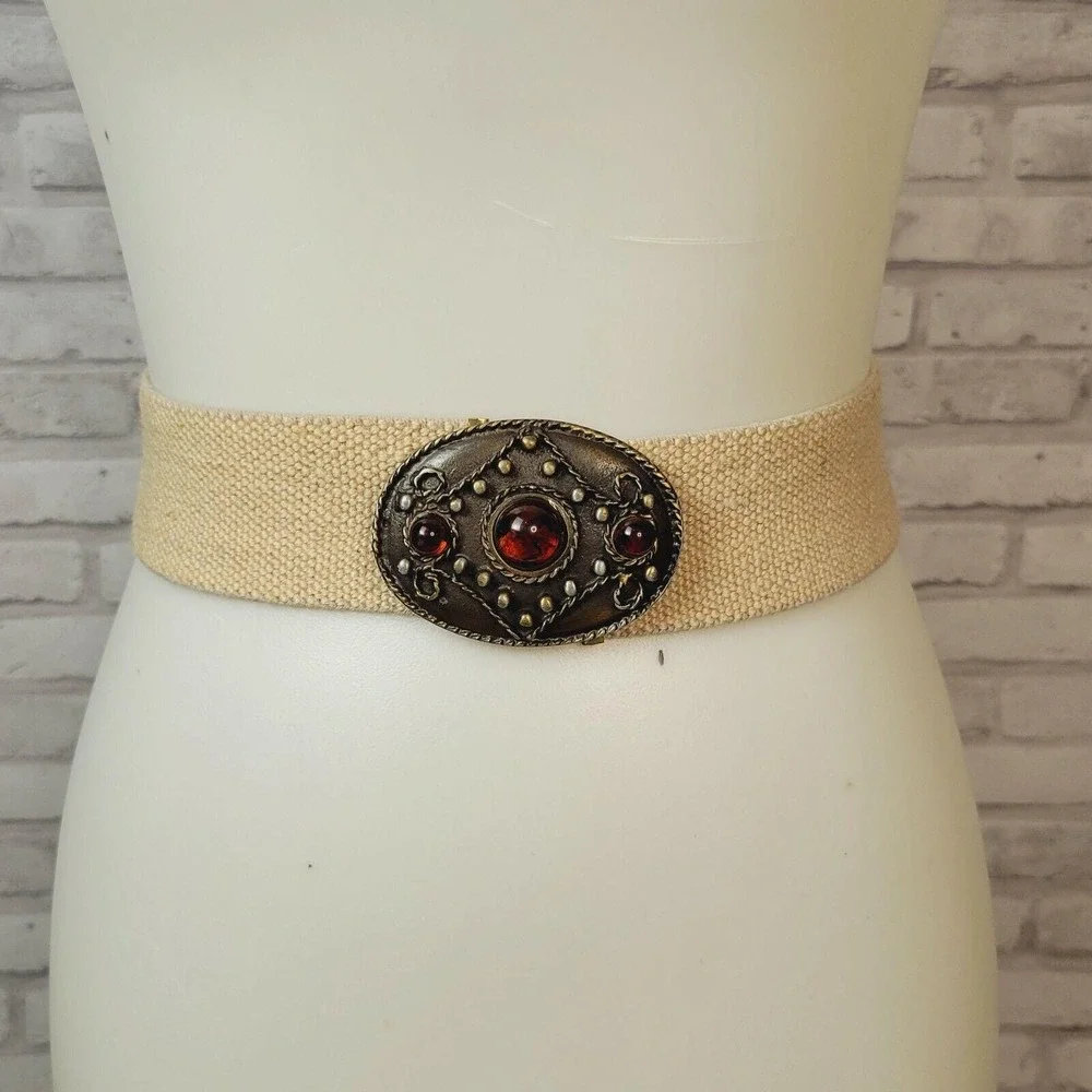 Italian brass and orange acrylic cabochon stretch belt natural beige‎ XL